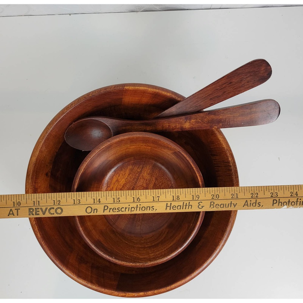 Wooden Salad Bowl Set with Tongs Vintage Kitchen Home Servings - Picture 7 of 7